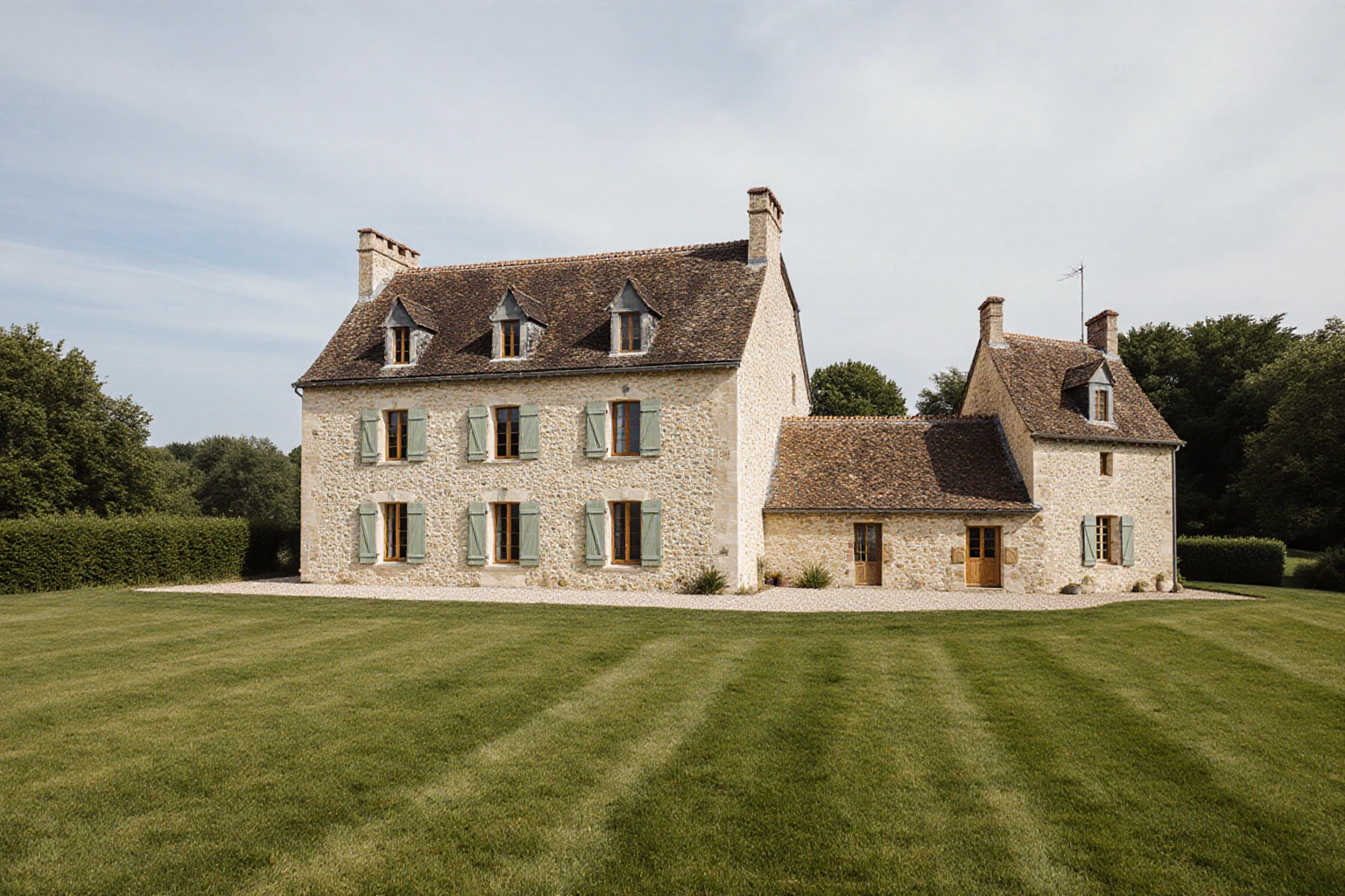 Propriété rurale en pierre naturelle avec plusieurs ailes reliées et un jardin