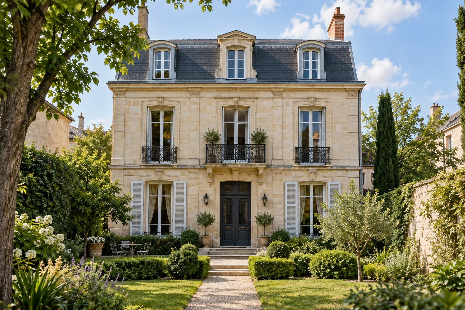 Maison de ville française en pierre calcaire avec toit mansardé et jardin
