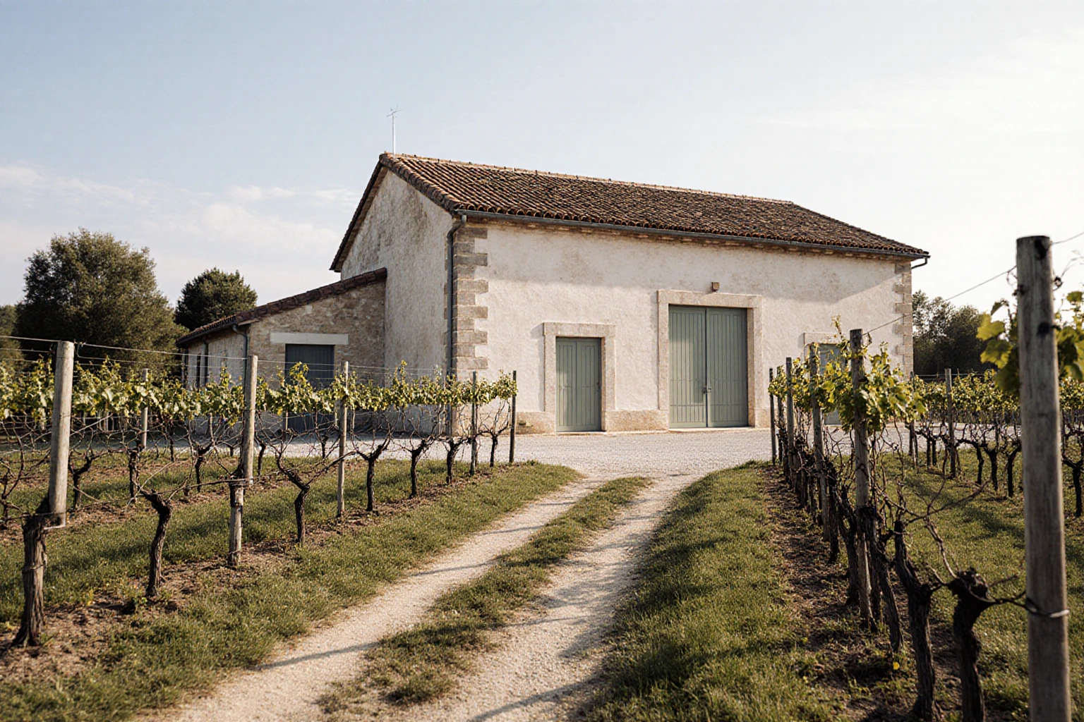 Bâtiment agricole en pierre claire au bout d’un chemin entre des rangs de vigne